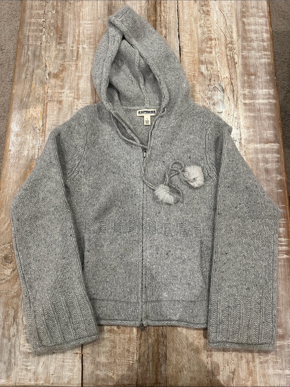Express Light Gray Hooded Zip Sweater with Pom Ties